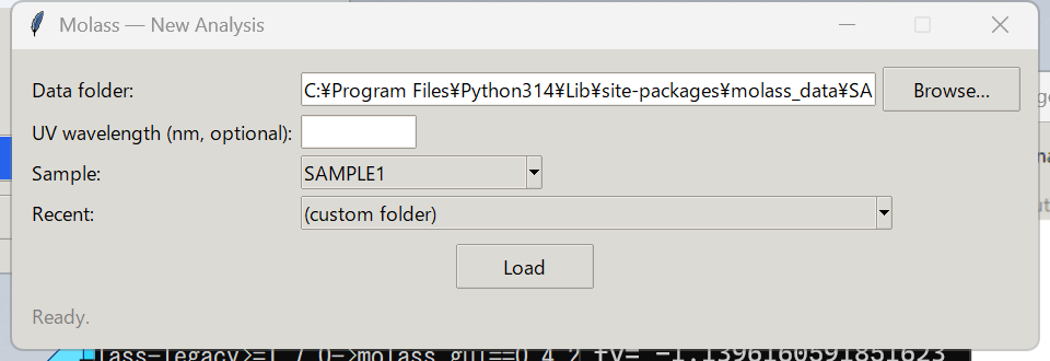Setup window with Data folder, Sample dropdown set to SAMPLE1, and Load button
